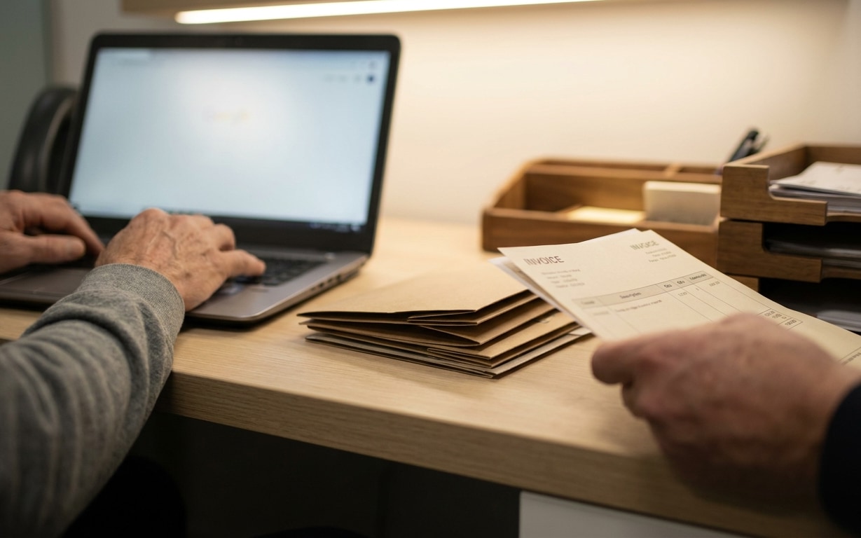 A person typing on a laptop keyboard next to a stack of brown envelopes on a wooden desk, while another person holds an invoice document, with wooden desk organizers in the background.