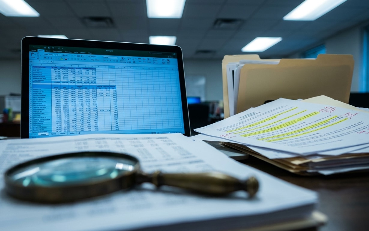 Close-up of an office desk with documents, a magnifying glass, and a laptop displaying a spreadsheet, with a folder of papers in the background.