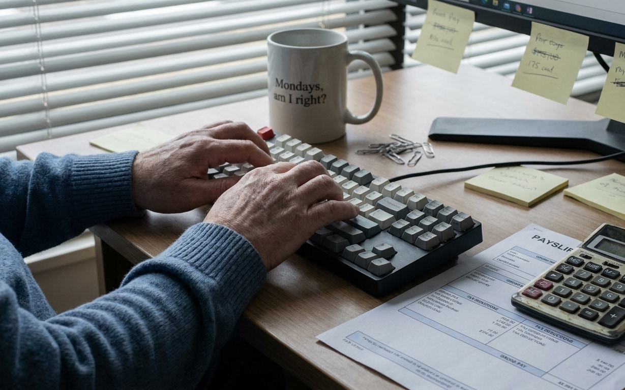 Hands typing on a mechanical keyboard on a desk with a calculator, a payslip document, a coffee mug with 'Mondays, am I right?' text, and sticky notes on a computer monitor in an office setting.