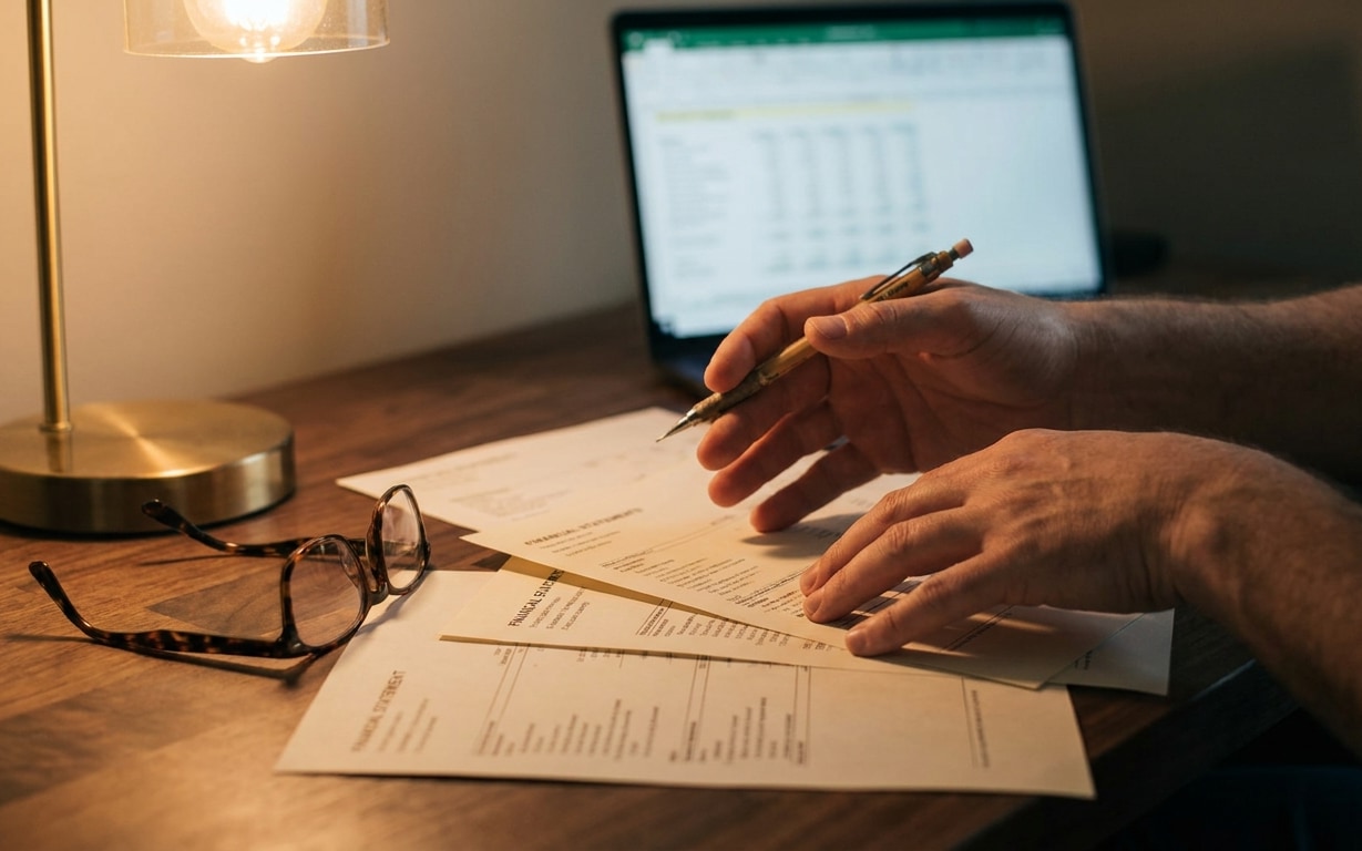 Person reviewing financial documents at a wooden desk with a mechanical pencil in hand, eyeglasses placed nearby, and a laptop showing a spreadsheet in the background under warm lighting.