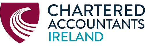 Logo of Chartered Accountants Ireland featuring a maroon shield with curved white lines and text in dark blue and teal.