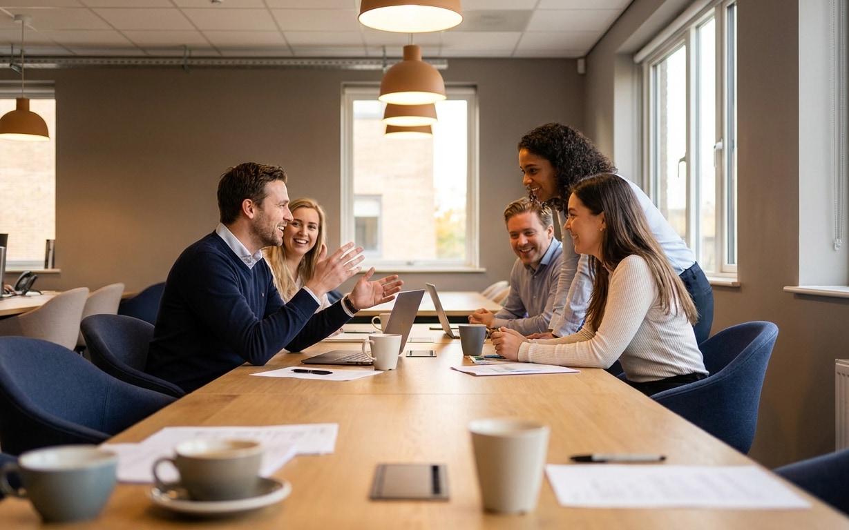 Five colleagues in a modern office are having a lively discussion around a large wooden table with laptops, papers, and coffee cups, with natural light coming through windows on the right.