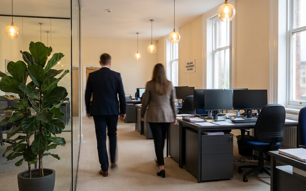 Two people, a man in a dark suit and a woman in a checked blazer, walking down an office aisle with desks, computer monitors, and office chairs on the right side and a large green potted plant on the left, under hanging globe lights, and tall windows letting in natural light.