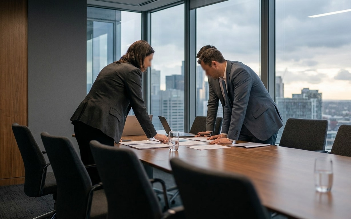 Two business professionals in suits lean over a large wooden conference table covered with documents and laptops, engaged in discussion in a modern office with large windows showing a city skyline under a cloudy sky.