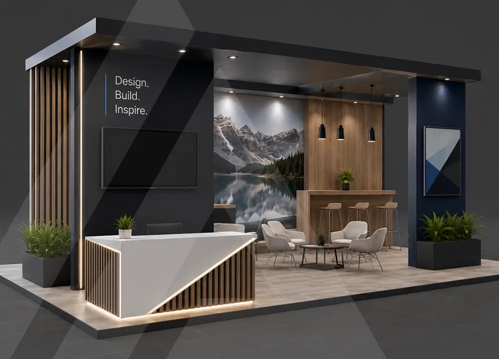 Modern exhibition booth with white reception desk, seating area, bar stools, and mountain landscape backdrop.