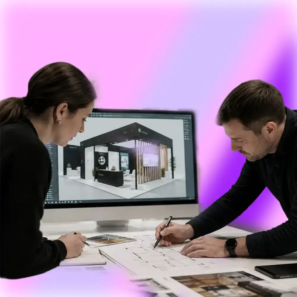 Two designers collaborate on architectural plans with 3D model on computer screen behind them.