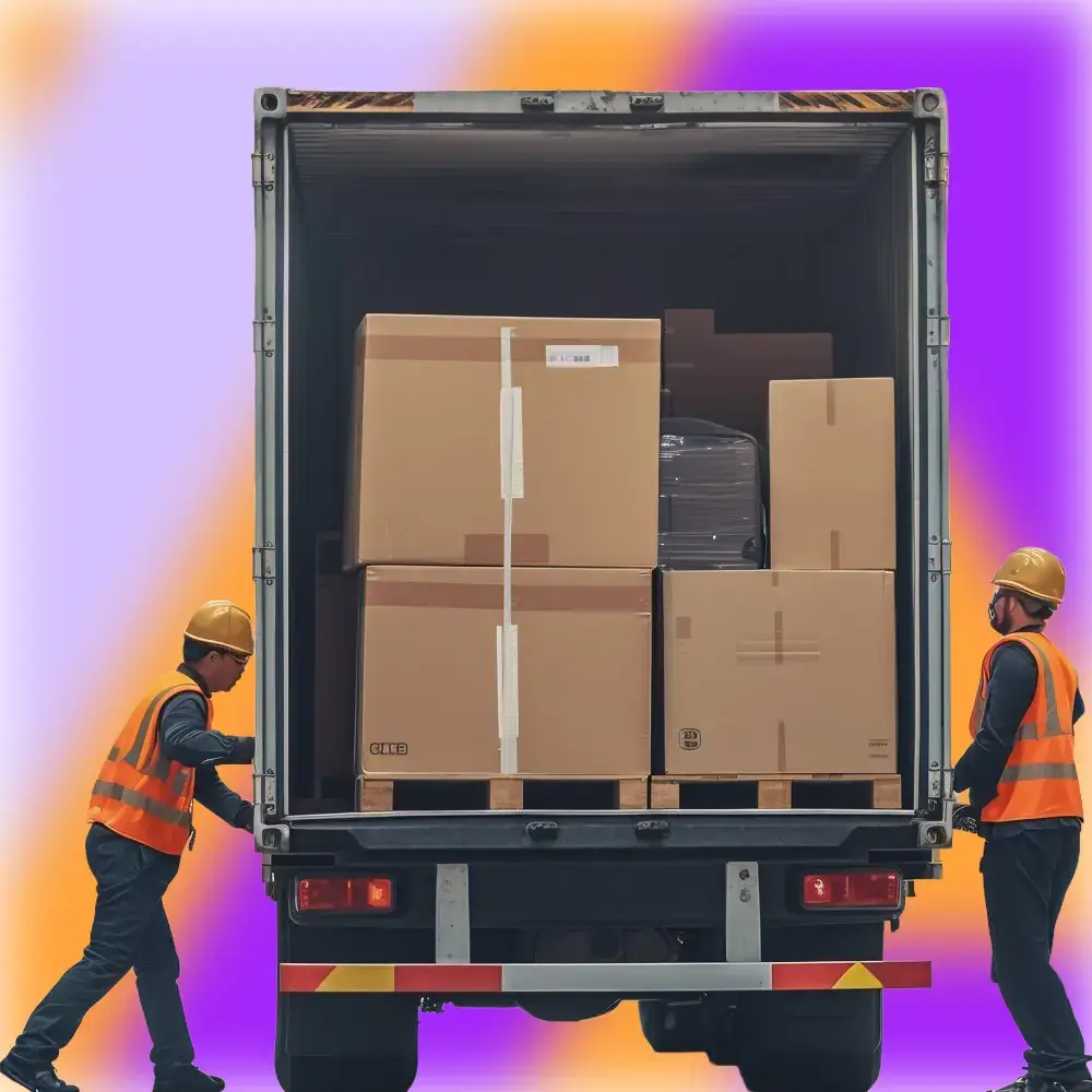 Two workers in safety vests and helmets loading boxes into the back of a delivery truck.