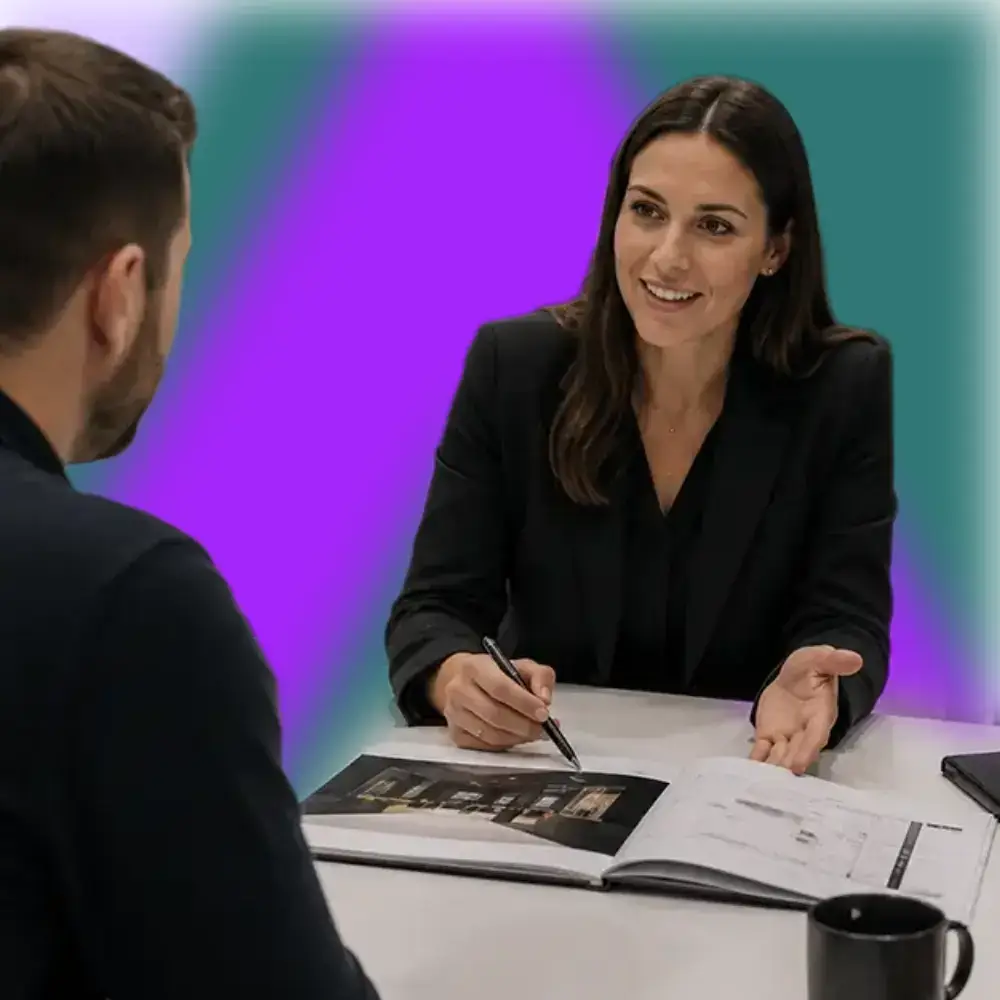 Woman in black jacket discussing documents with a man at a table, pointing to one page with a pen.