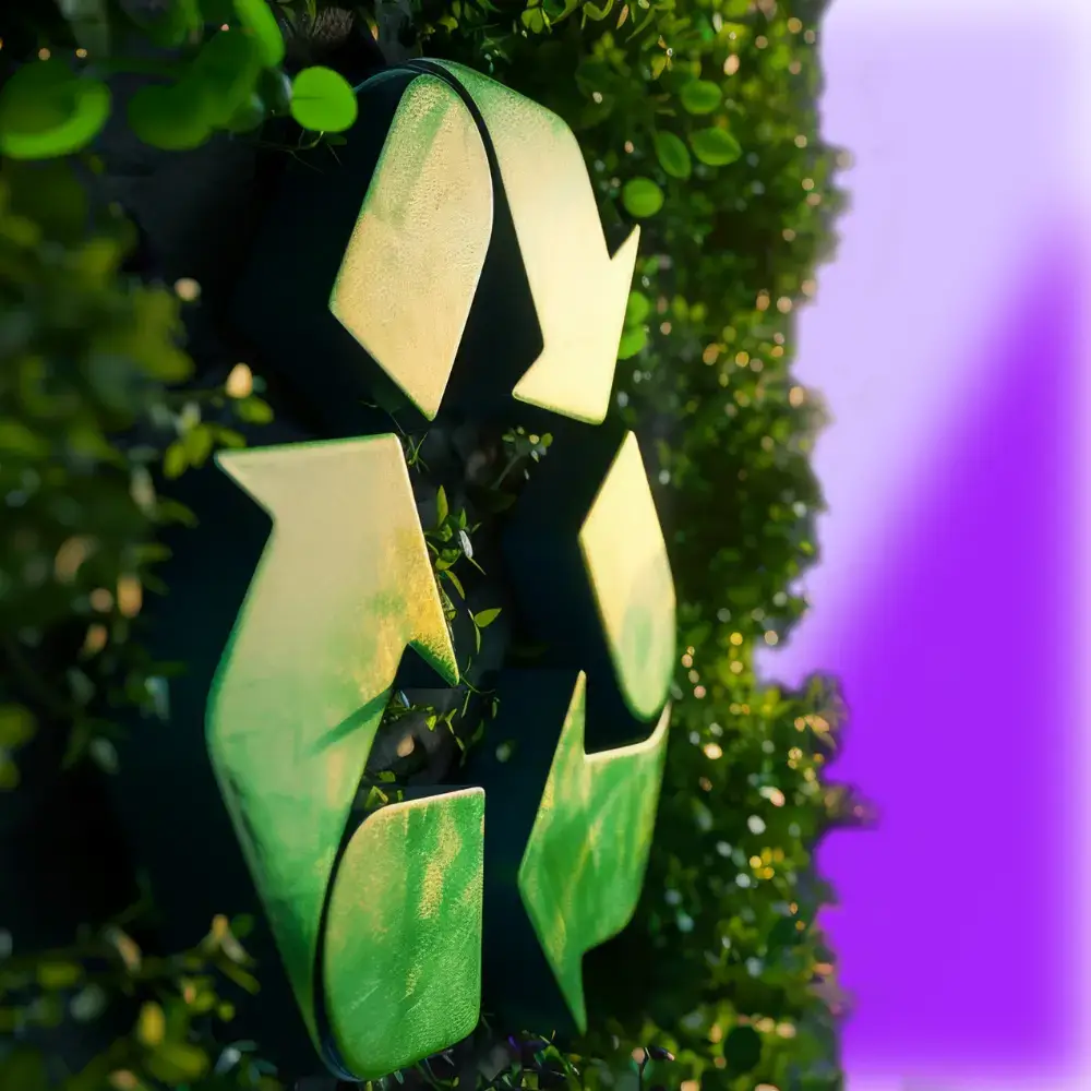 Green recycle symbol with arrows surrounded by green leaves and blurred purple sky background.