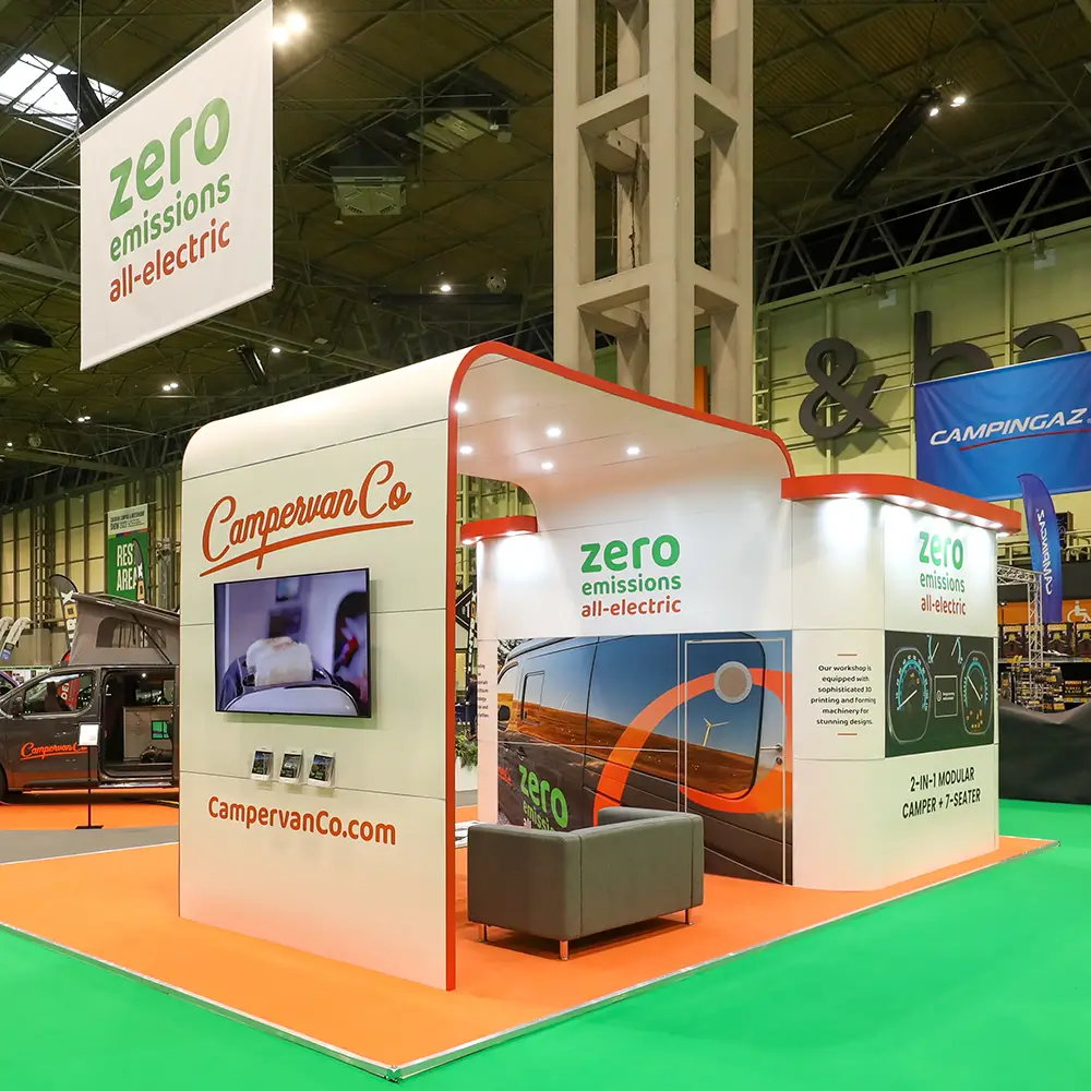 Trade show booth for CampervanCo promoting zero emissions all-electric camper vans.