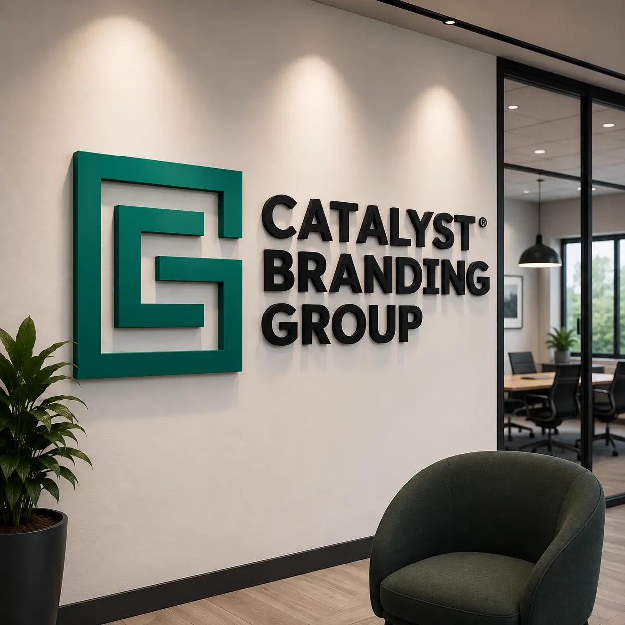 Office wall with Catalyst Branding Group logo, a green geometric 'CBG,' plant, and a dark chair by a glass conference room.