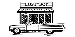 Illustrated Lost Boy storefront with a classic Cadillac parked out front