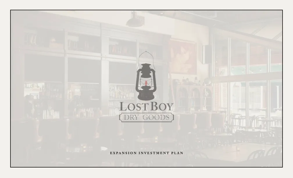 Lost Boy Dry Goods Expansion Investment Plan cover with lantern logo over a faded bar interior