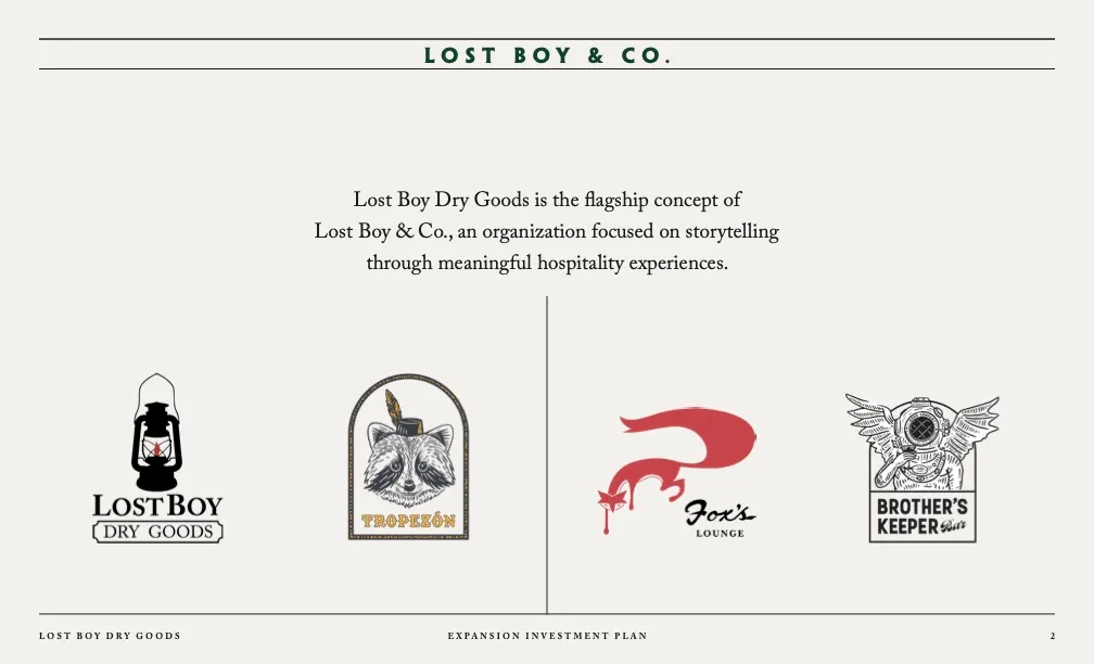 Lost Boy and Co. pitch page showing four brand logos: Lost Boy Dry Goods, Tropezón, Fox's Lounge, and Brother's Keeper