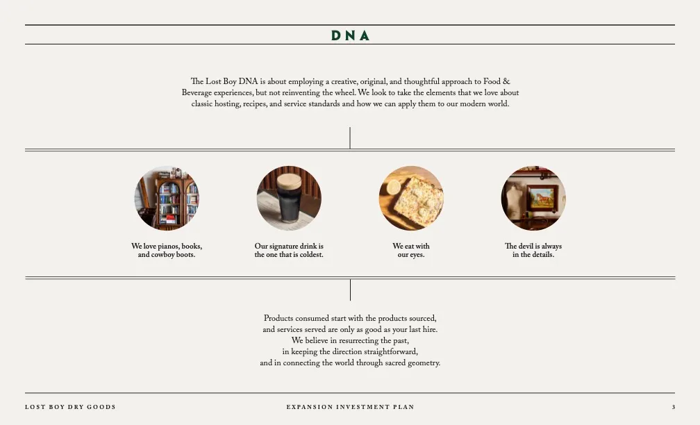 Lost Boy Dry Goods DNA pitch page with four brand value icons: bookshelf, pint of beer, pizza, and vintage art