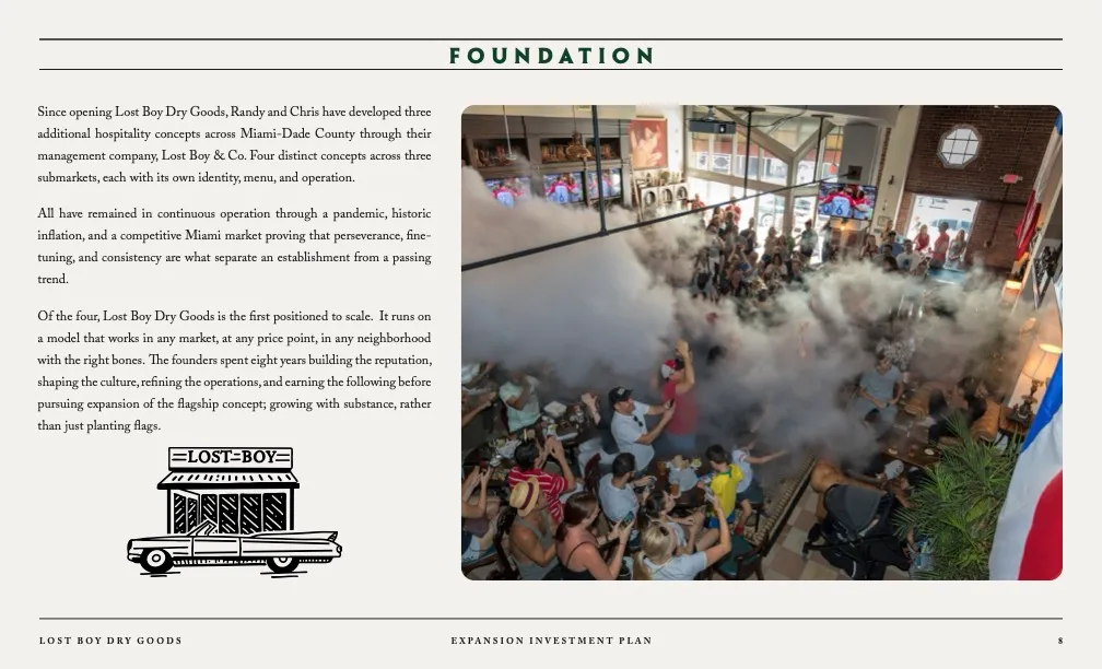 Lost Boy Dry Goods Foundation pitch page with a packed bar event photo and storefront illustration