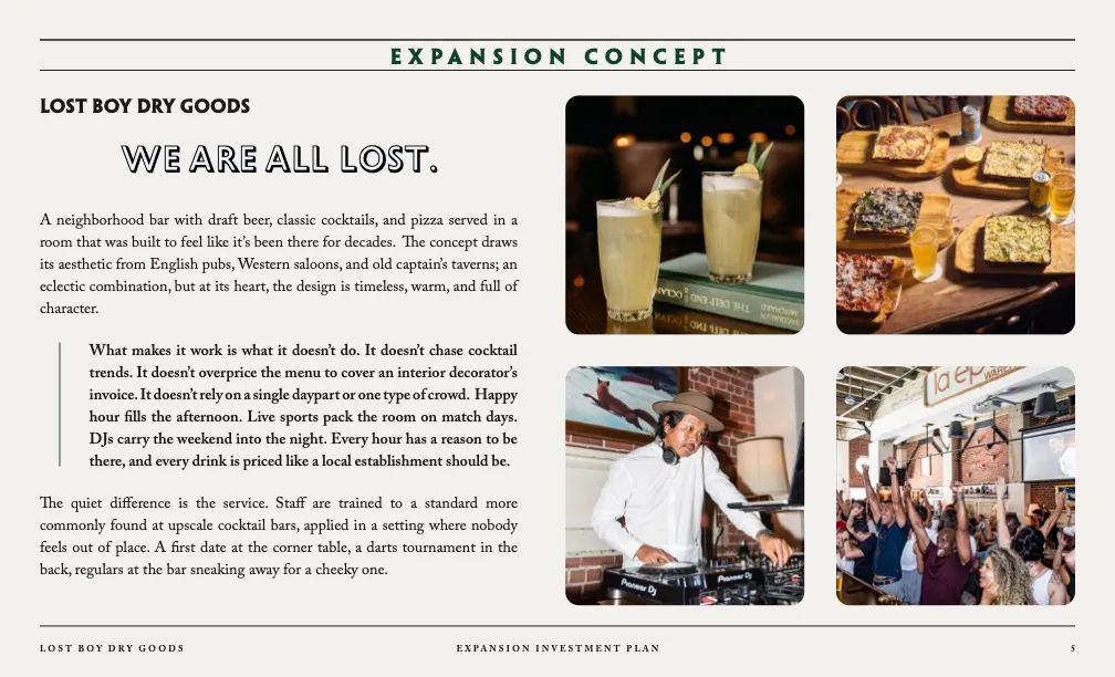 Lost Boy Dry Goods expansion concept pitch page with cocktail, pizza, DJ, and crowd photos alongside brand description
