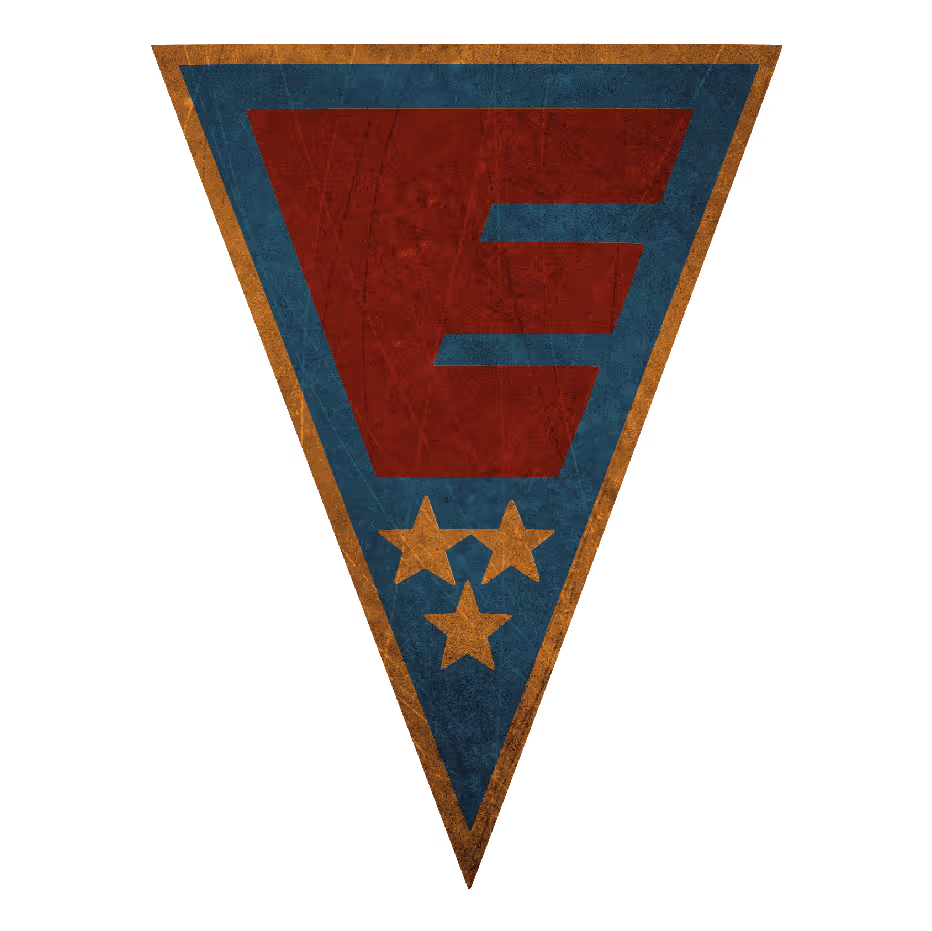 Shield-shaped emblem with a large letter E and three stars below it in red, blue, and gold colors.