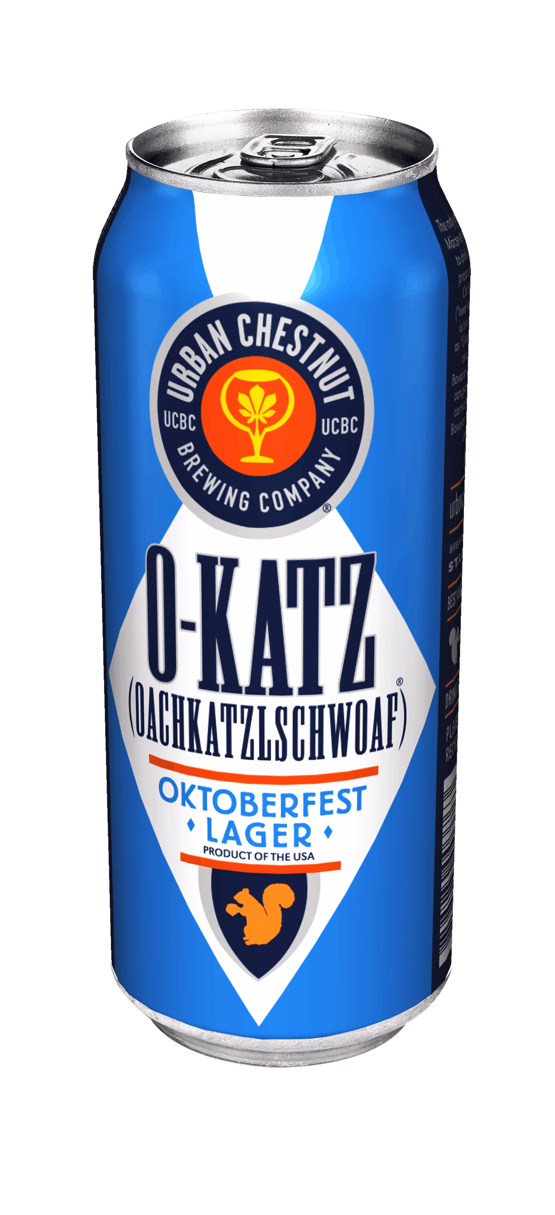 Blue can of O-Katz Oktoberfest Lager beer from Urban Chestnut Brewing Company with orange squirrel logo.