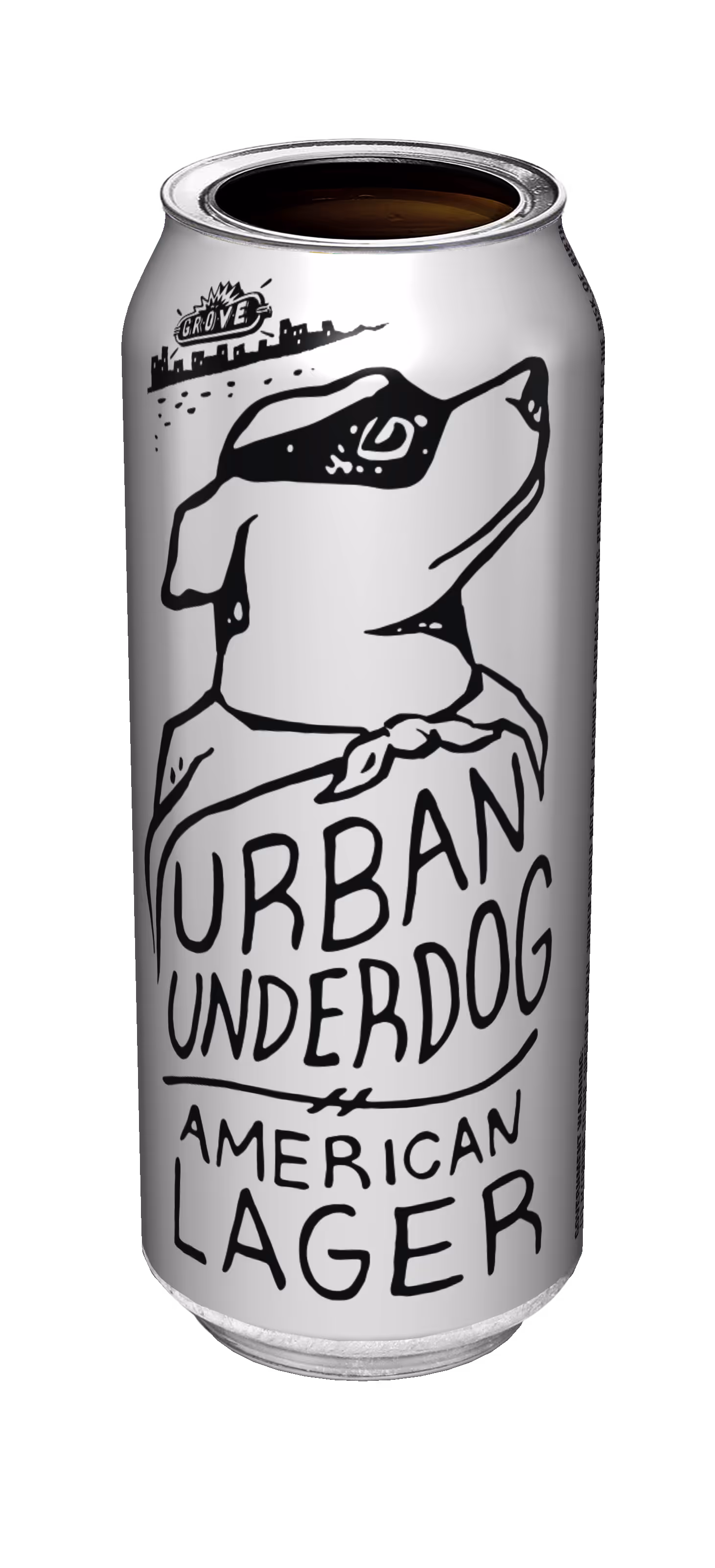 Silver can of Urban Underdog American Lager with a dog wearing a mask and bandana illustration.
