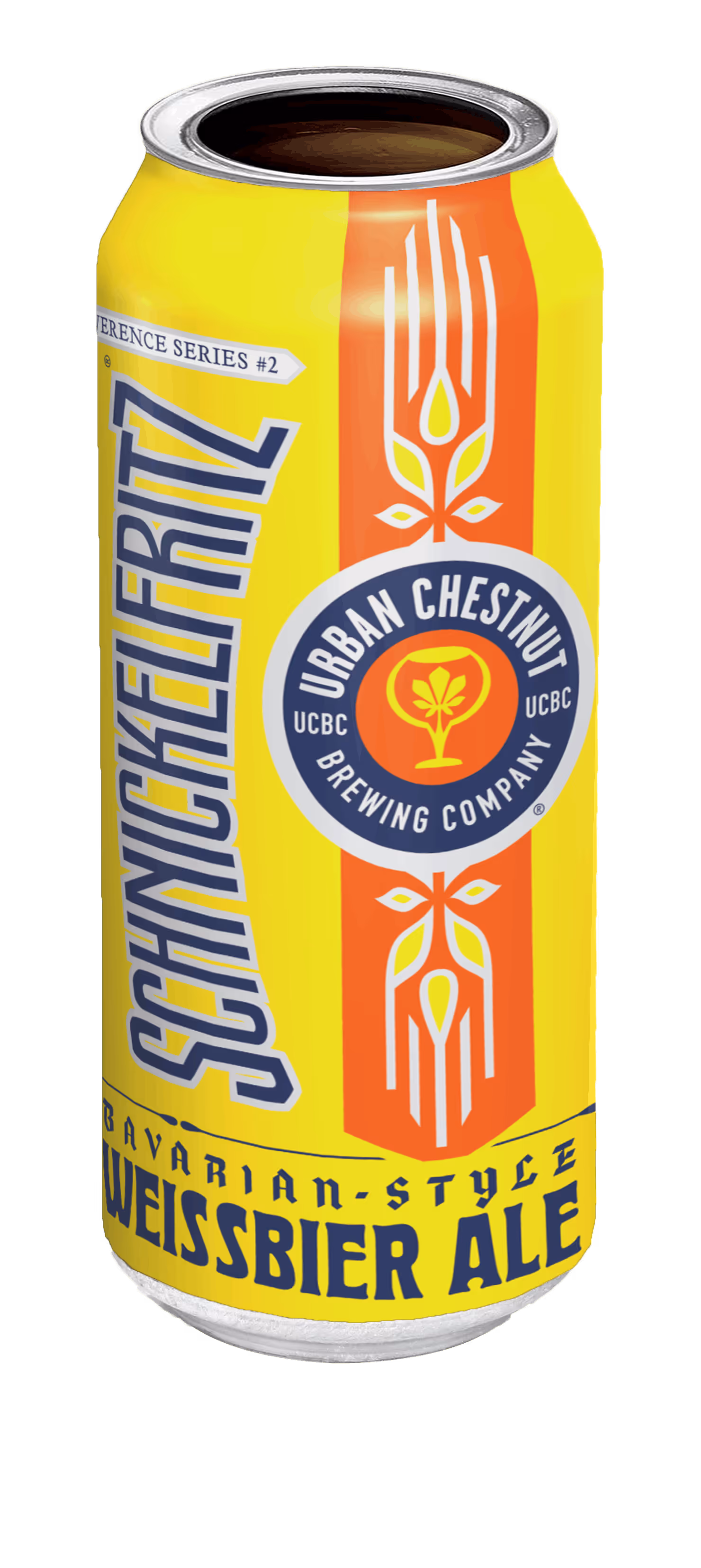 Yellow and orange can of Schnickelfritz Bavarian-Style Weissbier Ale from Urban Chestnut Brewing Co.