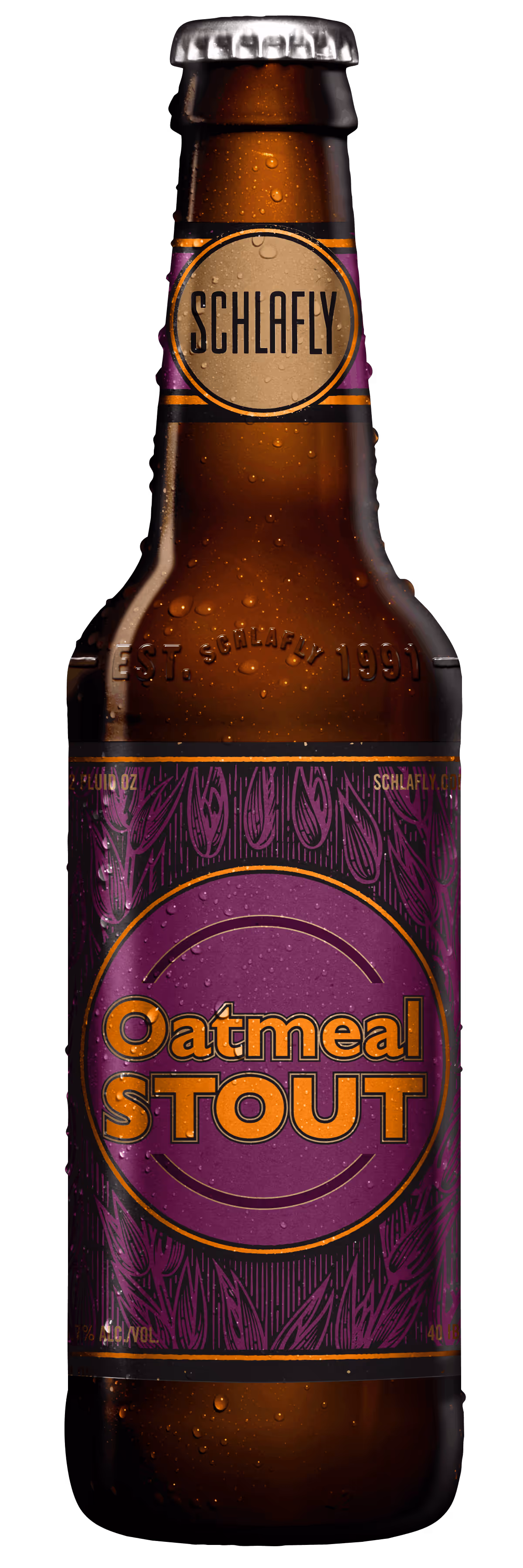 Brown glass bottle of Schlafly Oatmeal Stout beer with a purple and orange label, condensation visible.