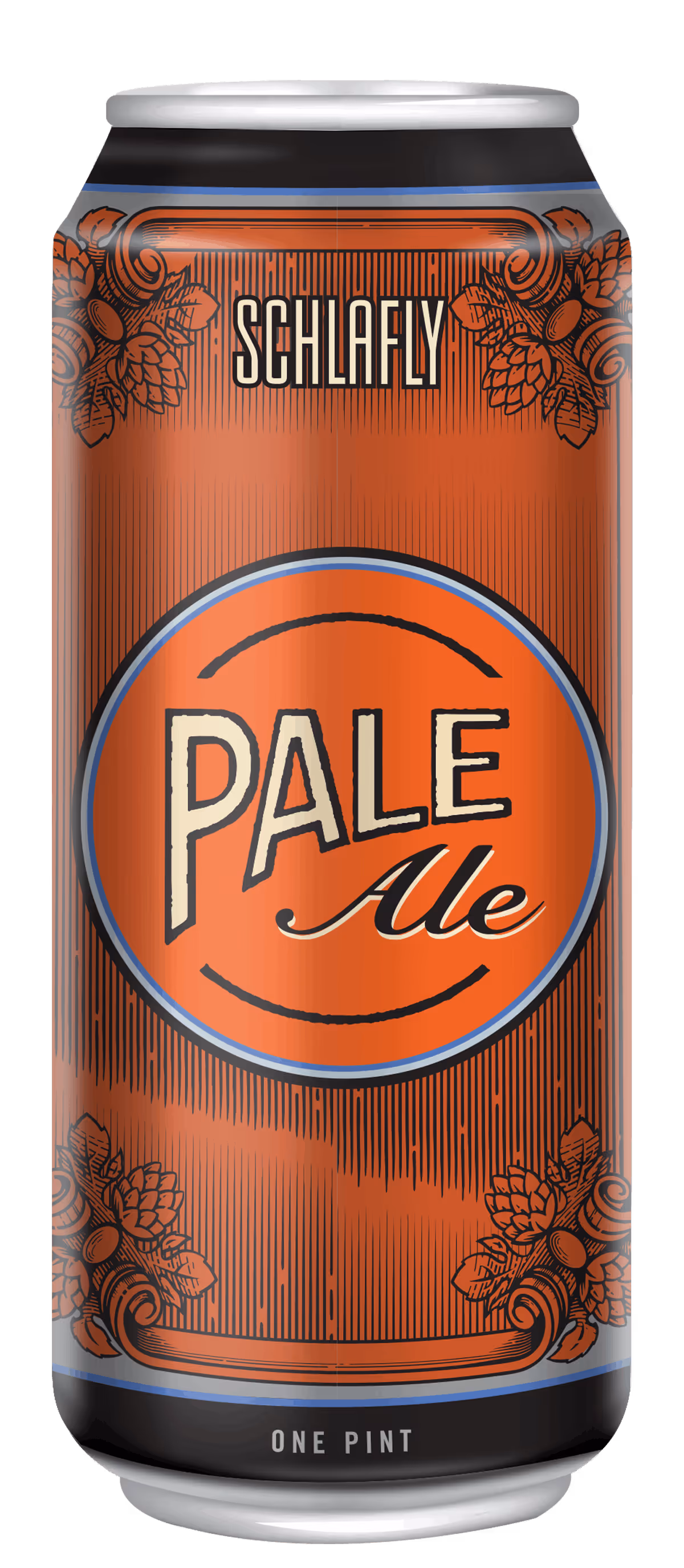 Schlafly Pale Ale beer can with orange label and decorative hops illustrations, one pint size.