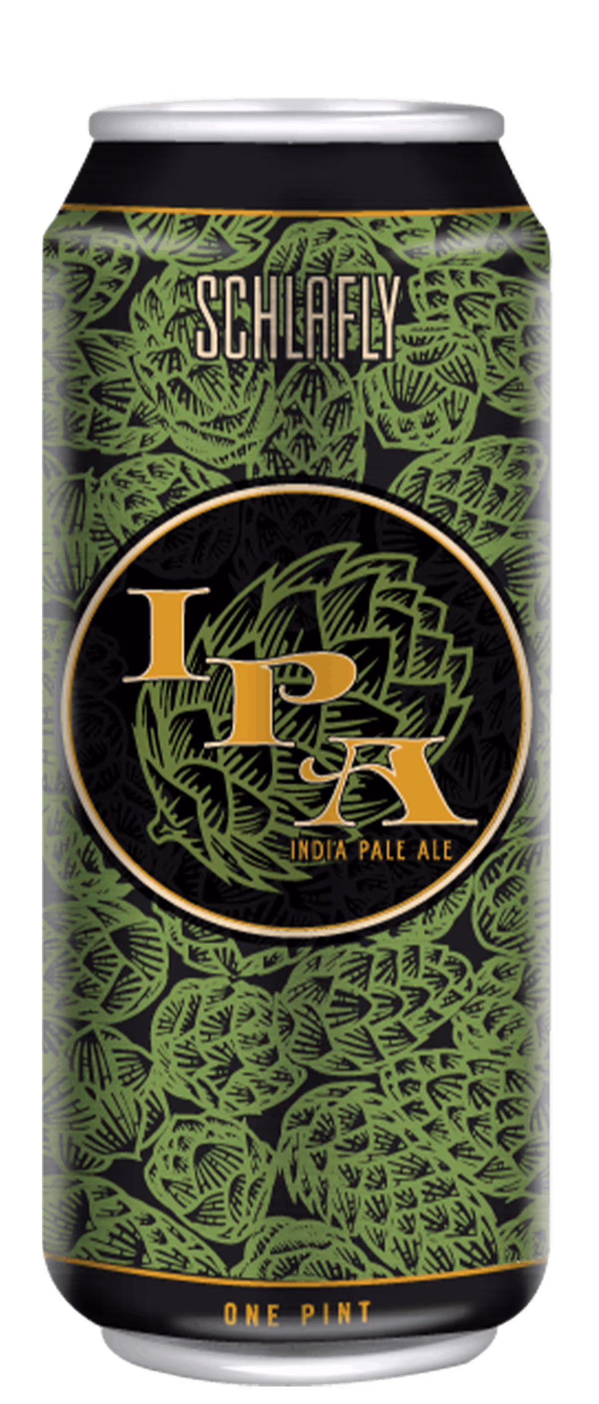 Schlafly IPA beer can with green hops pattern and gold lettering reading India Pale Ale and One Pint.