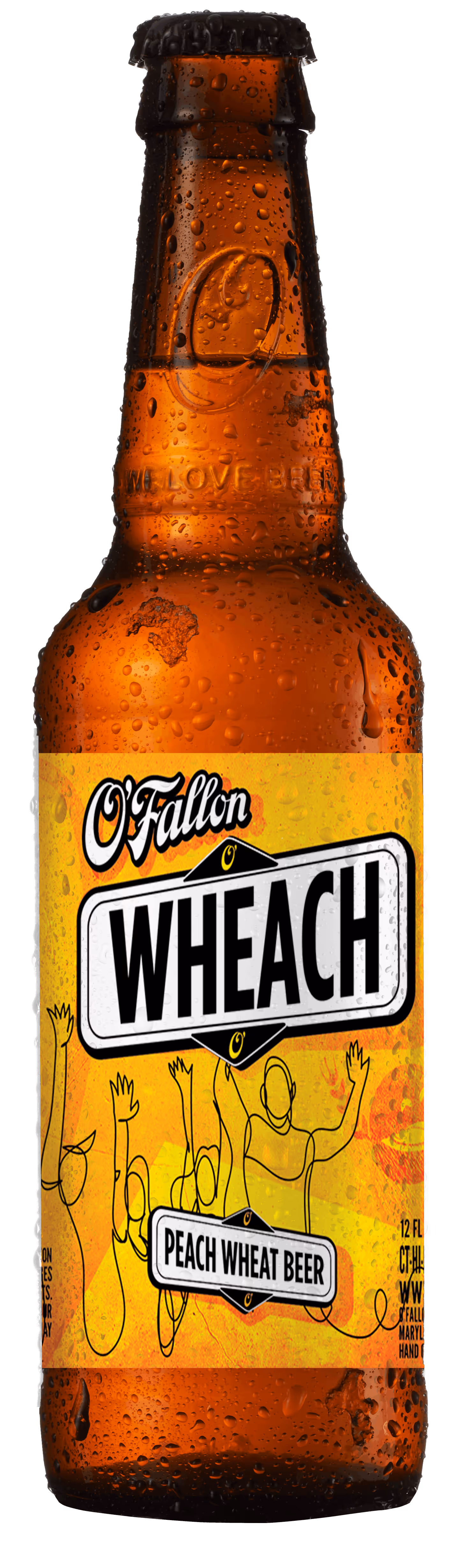 O'Fallon Wheach peach wheat beer bottle with yellow label and people drawing, covered in condensation