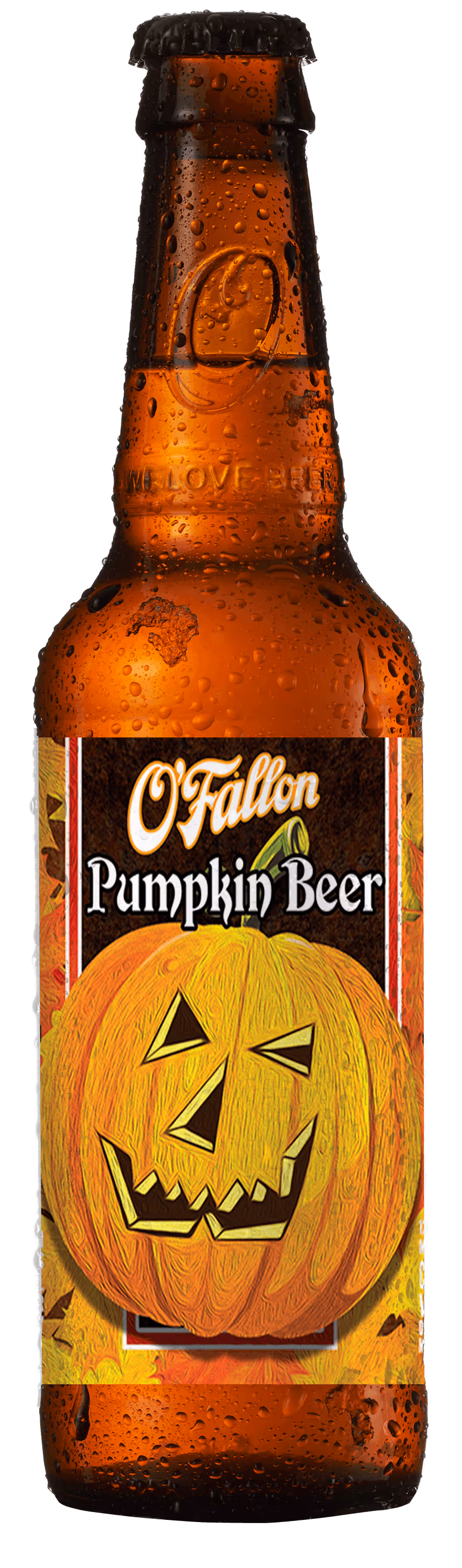O'Fallon Pumpkin Beer bottle with a jack-o'-lantern label and water droplets on the bottle.