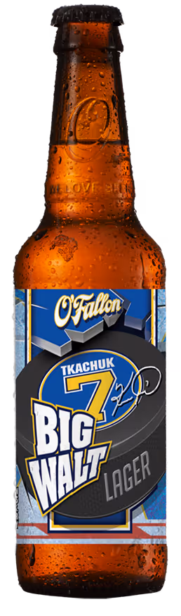 O'Fallon Big Walt Lager beer bottle with Tkachuk hockey puck logo and number 7 on the label.