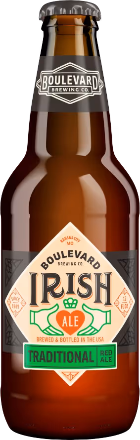 Brown bottle of Boulevard Brewing Co. Irish Ale Traditional Red Ale with label details.
