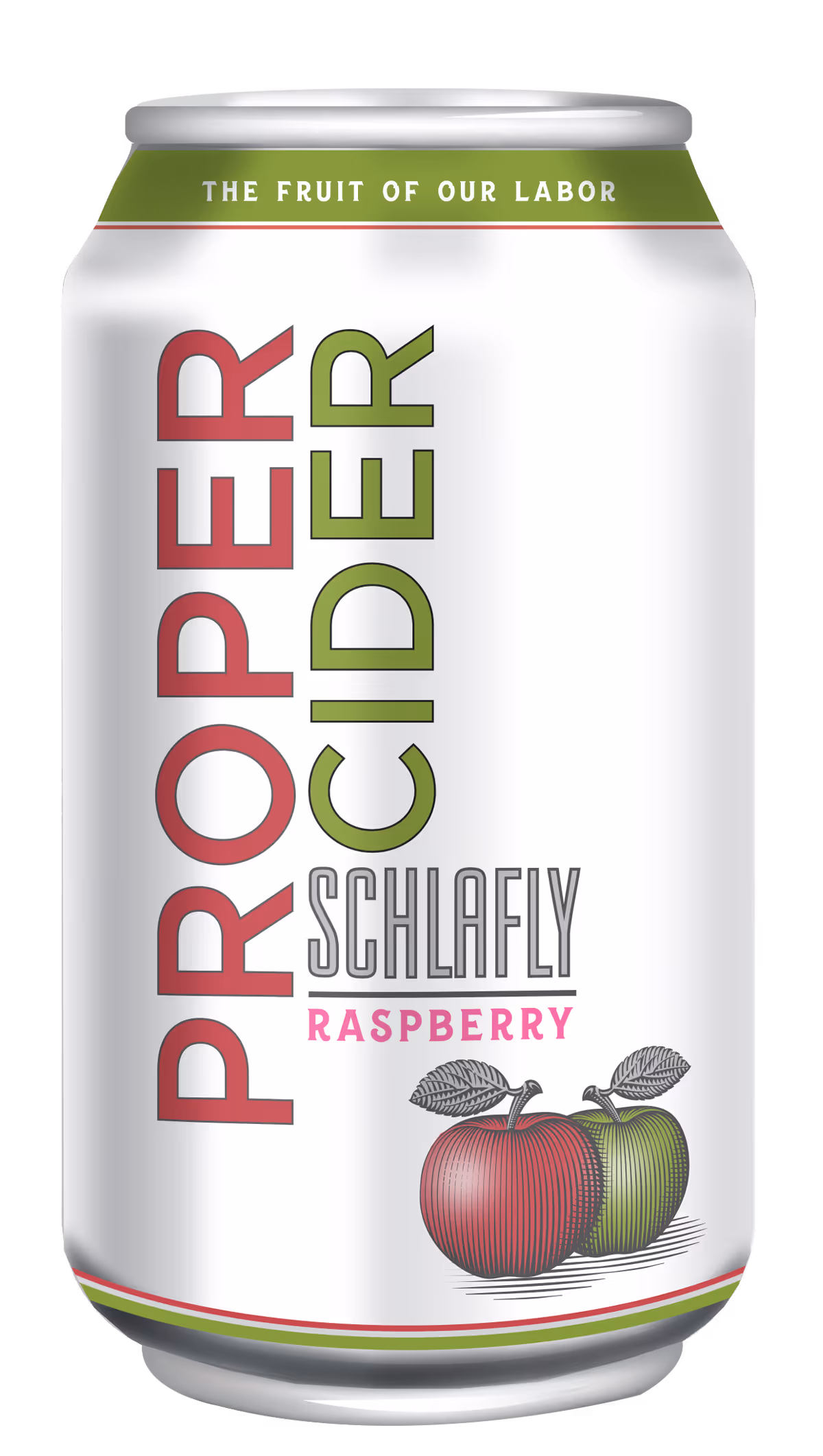 Schlafly Proper Cider raspberry flavored in a white can with red and green apples illustration.