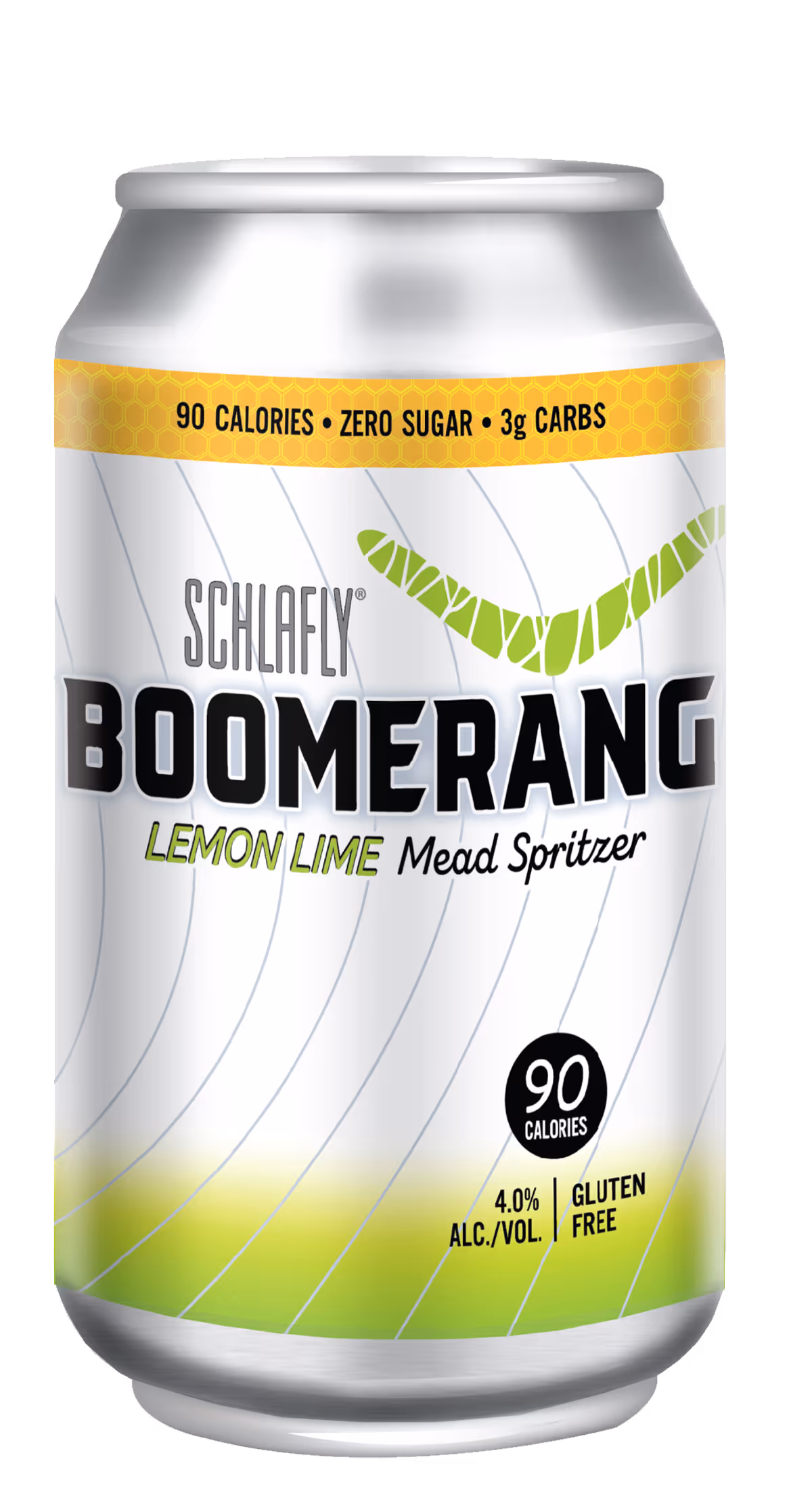 Can of Schlafly Boomerang Lemon Lime Mead Spritzer with 90 calories, zero sugar, and gluten free.