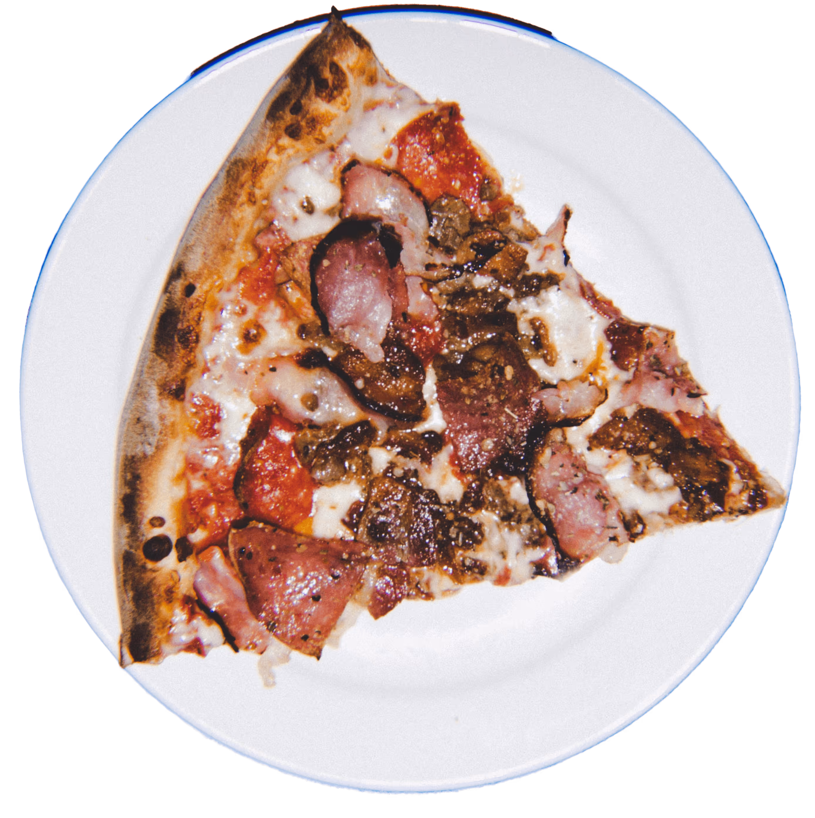 Slice of meat-laden pizza with cheese on a white plate, viewed from above.