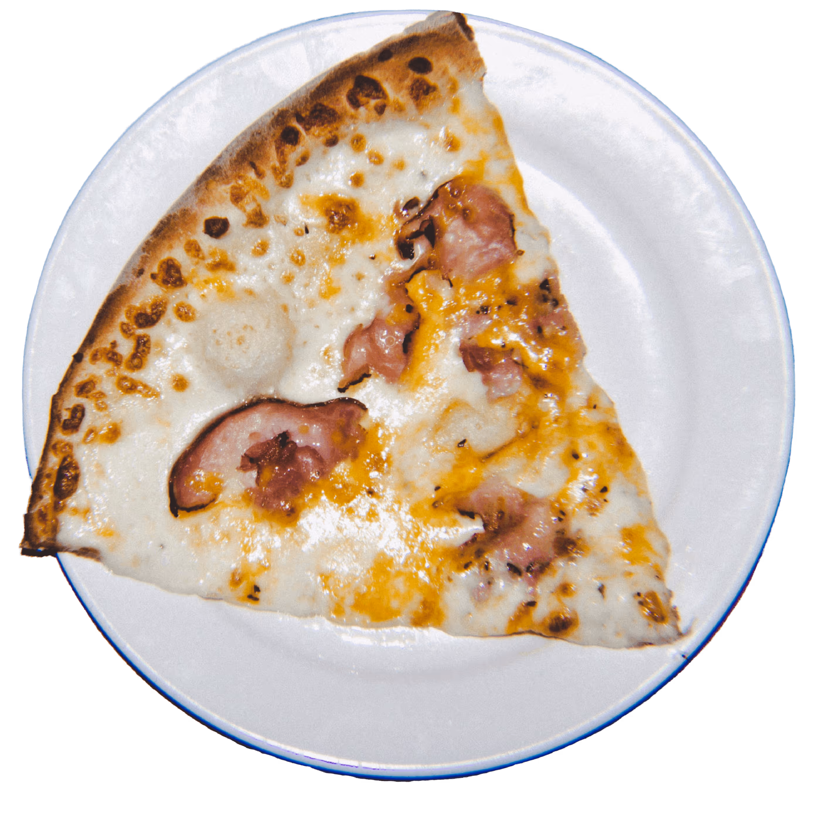 Slice of ham and melted cheese pizza on a white paper plate.