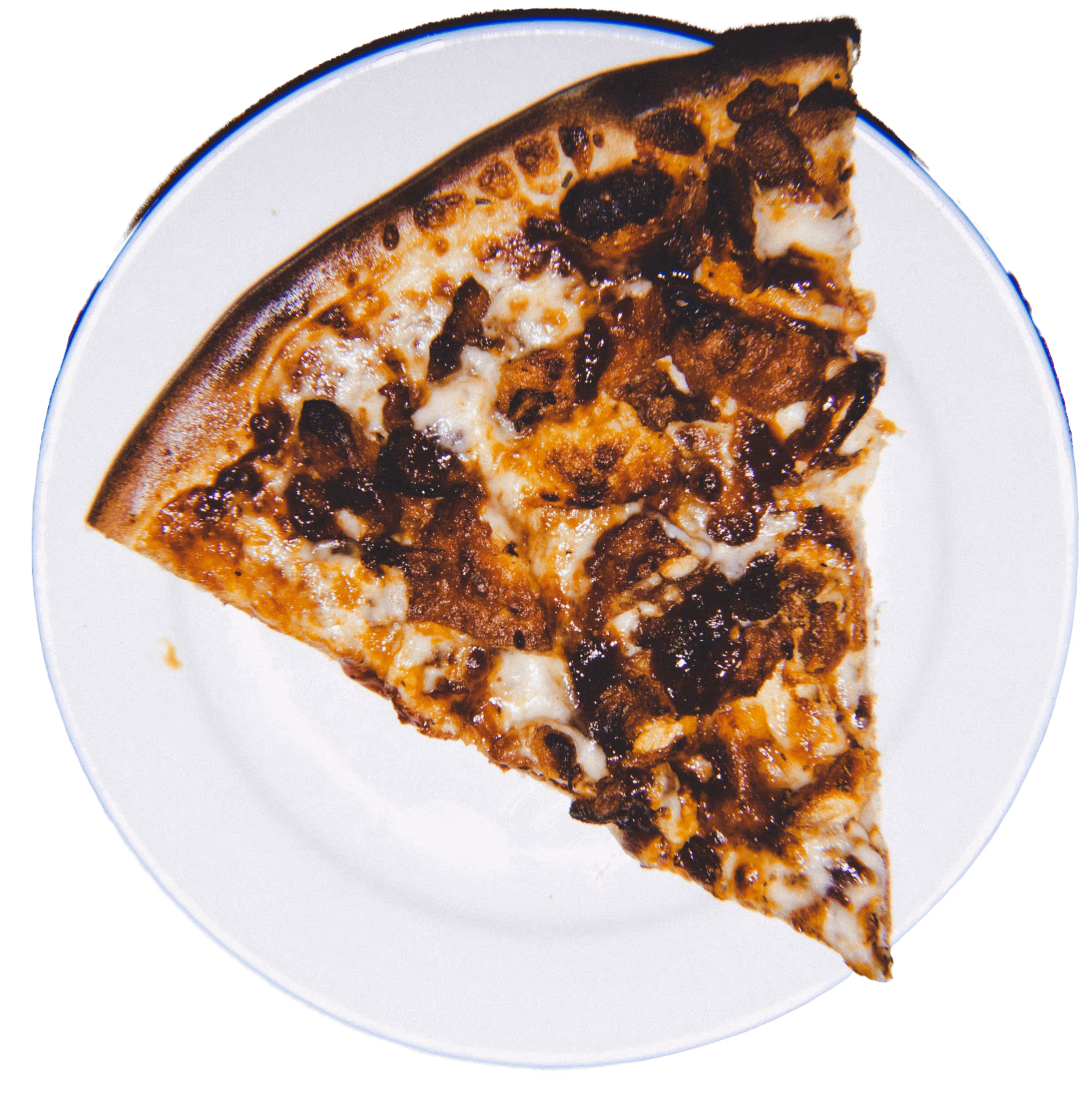 Slice of barbecue chicken pizza with melted cheese on a white plate.