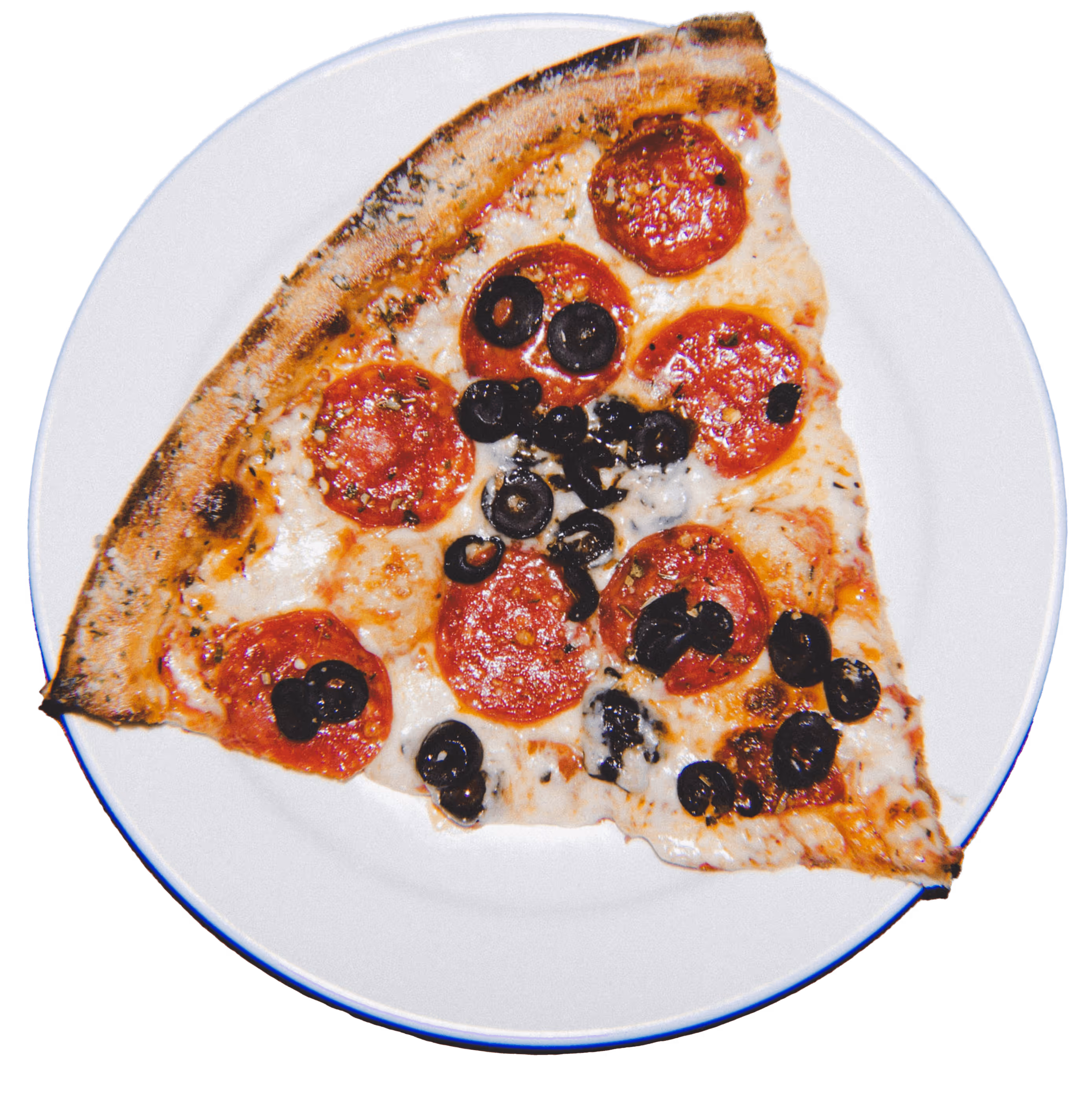 Slice of pepperoni pizza topped with black olives on a white plate.