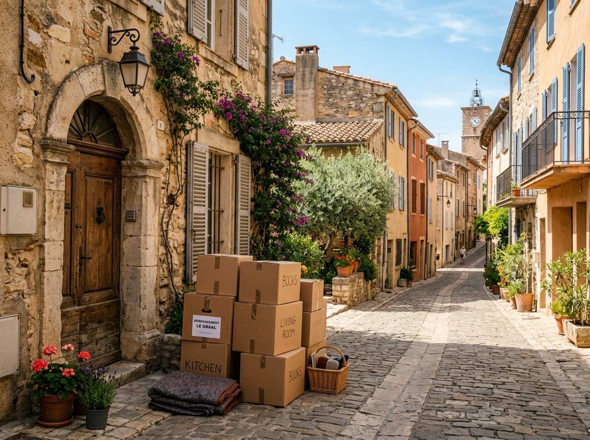 Des cartons de déménagement soigneusement préparés devant une maison typique de Draguignan.
