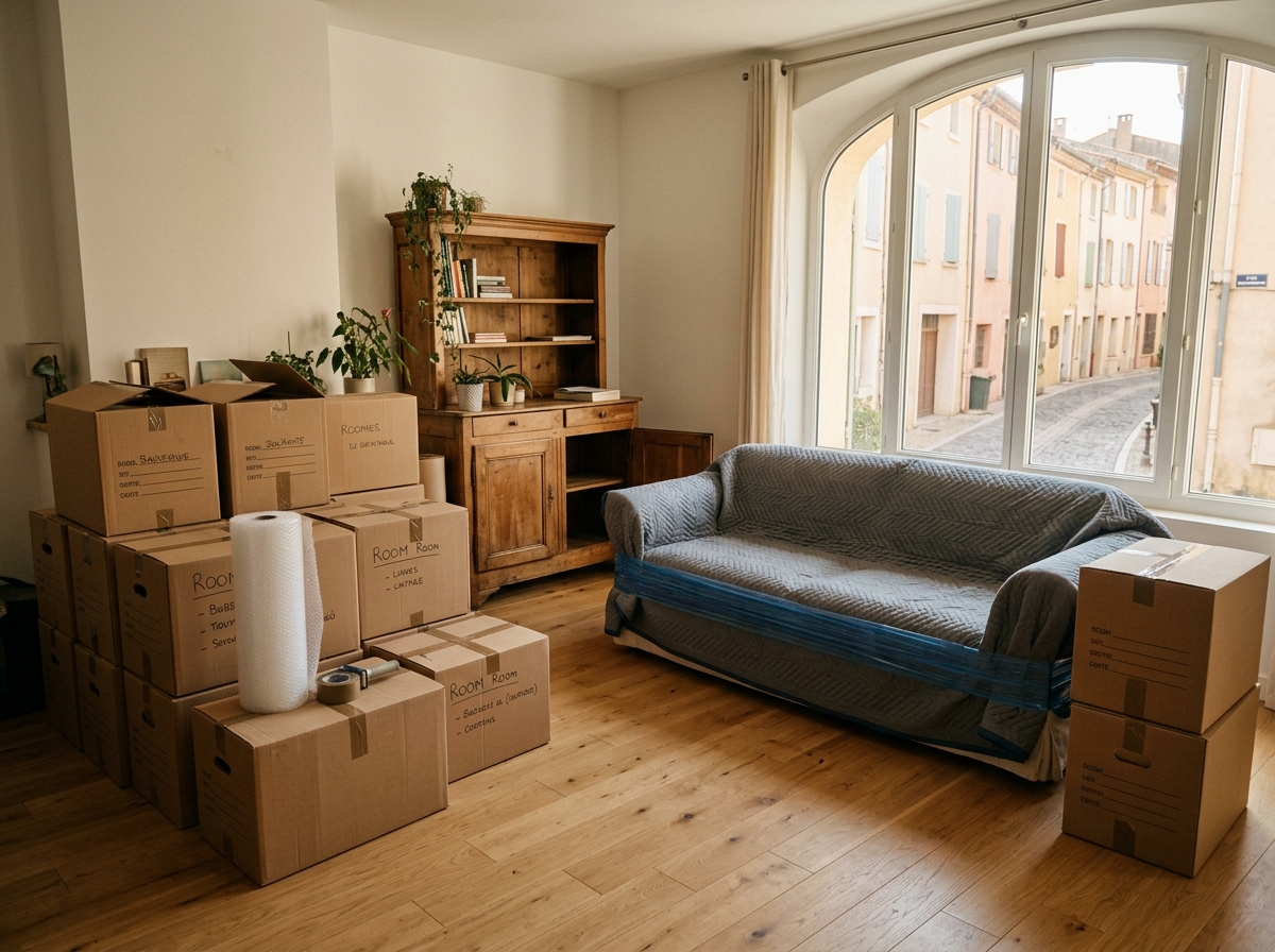 Cartons de déménagement soigneusement empilés et mobilier protégé dans un salon lumineux à Draguignan.