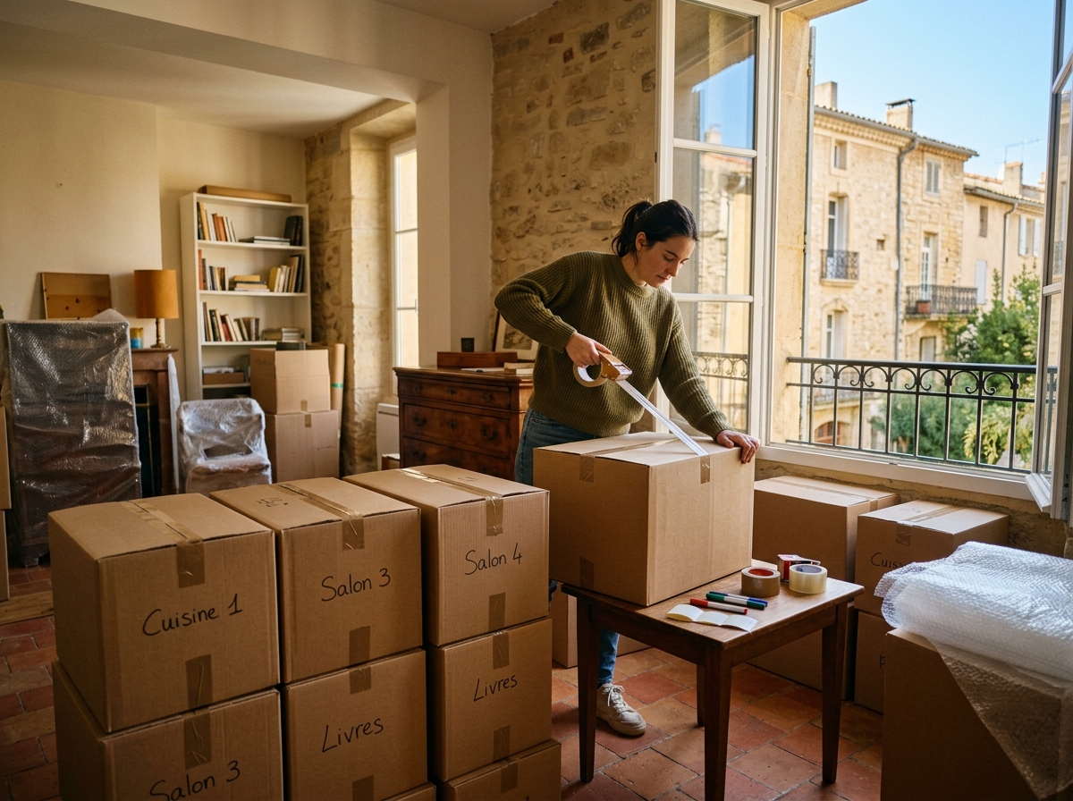 Préparation rapide de cartons dans un appartement lumineux à Draguignan pour un départ urgent.