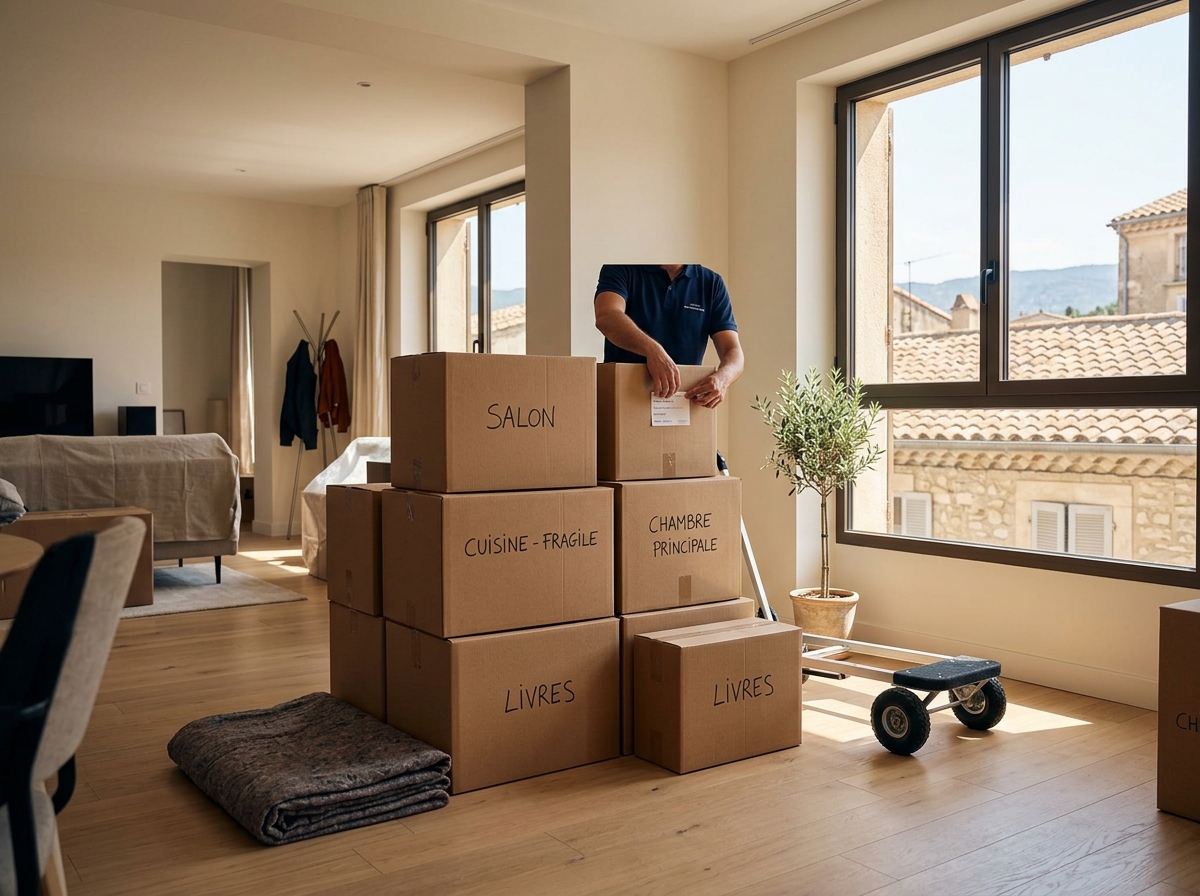 Cartons de déménagement soigneusement préparés dans un appartement lumineux à Draguignan pour une mutation professionnelle.