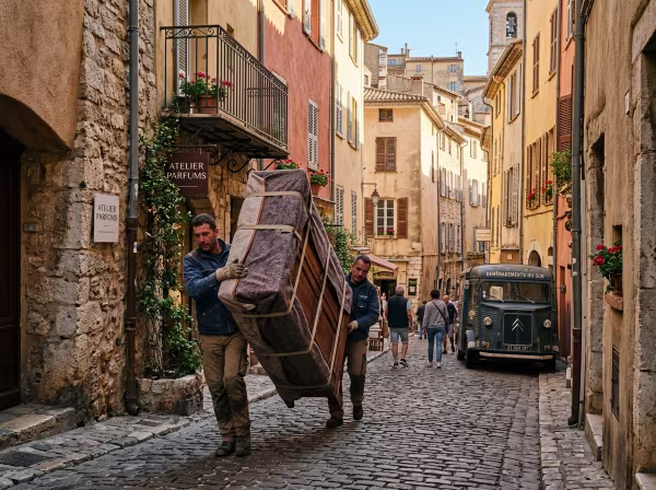 Équipe de déménageurs professionnels organisant la manutention de meubles protégés dans une rue en pente du centre historique de Grasse.