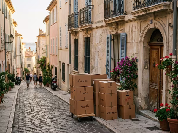 Cartons de déménagement soigneusement empilés devant une résidence typique de Cannes lors d'une préparation logistique.