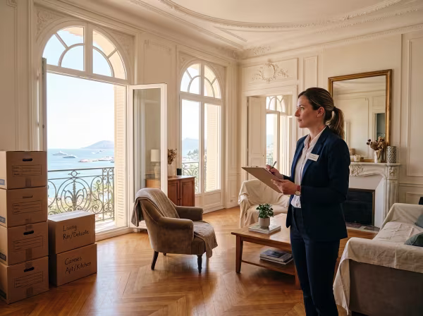 Un expert en déménagement évalue le volume des cartons dans un appartement lumineux à Cannes pour préparer une estimation personnalisée.