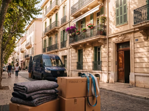 Façade d'un immeuble résidentiel à Cannes avec des cartons de déménagement préparés pour un levage extérieur.