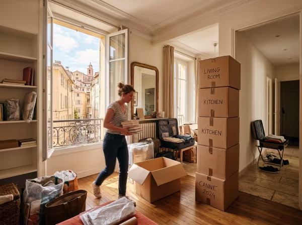 Cartons de déménagement préparés rapidement dans l'entrée d'un appartement lumineux à Cannes.