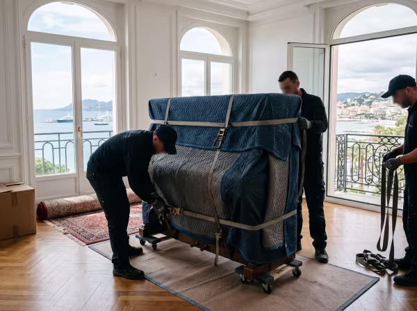 Un piano droit protégé par des housses épaisses et des sangles de portage avant sa manutention dans un appartement à Cannes.