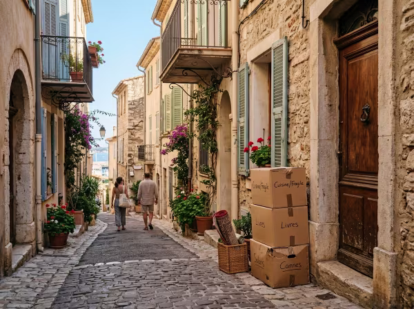 Cartons de déménagement préparés devant une entrée dans une ruelle ensoleillée du quartier historique de Cannes.
