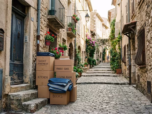Cartons de déménagement et couvertures de protection préparés devant une porte ancienne dans une ruelle étroite du Suquet à Cannes.